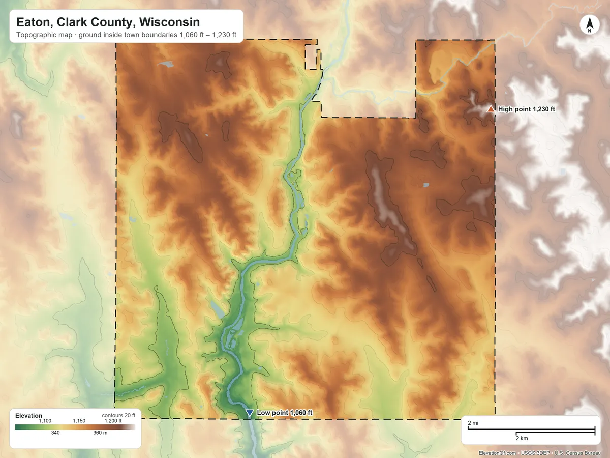 Topographic elevation map of Eaton, Clark County, Wisconsin, shaded from 1,060 ft on the south side to 1,230 ft on the east side