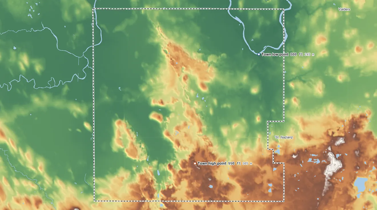 Topographic elevation map of Eaton, Manitowoc County, Wisconsin, shaded from 800 ft on the northeast side to 990 ft on the south side