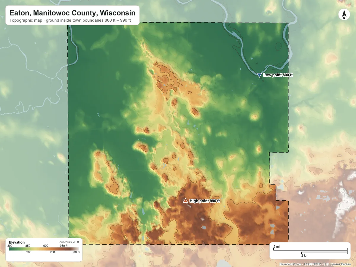 Topographic elevation map of Eaton, Manitowoc County, Wisconsin, shaded from 800 ft on the northeast side to 990 ft on the south side