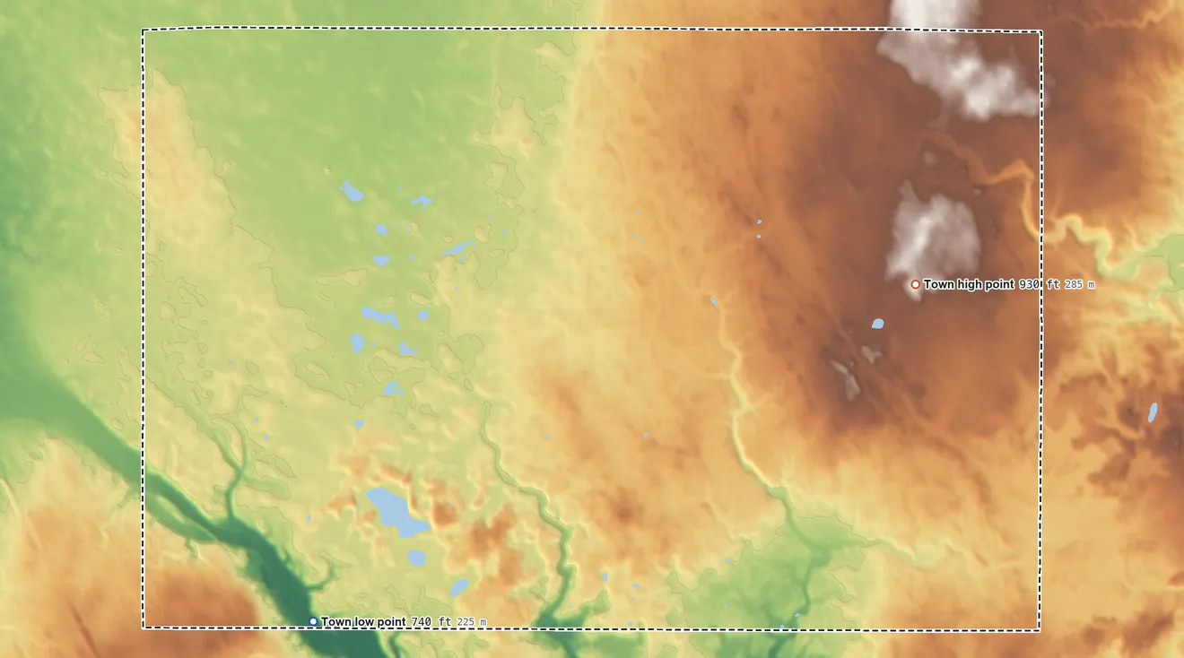 Topographic elevation map of Eaton, Wisconsin, shaded from 740 ft on the southwest side to 930 ft on the east side