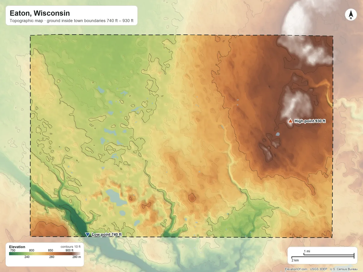 Topographic elevation map of Eaton, Wisconsin, shaded from 740 ft on the southwest side to 930 ft on the east side