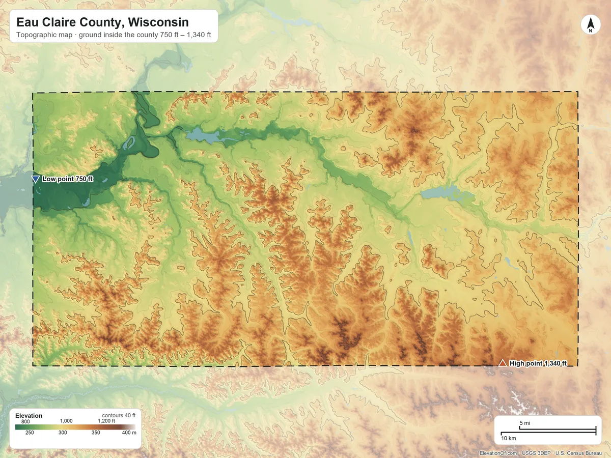 Topographic elevation map of Eau Claire County, Wisconsin, shaded from 750 ft on the west side to 1,340 ft on the southeast side