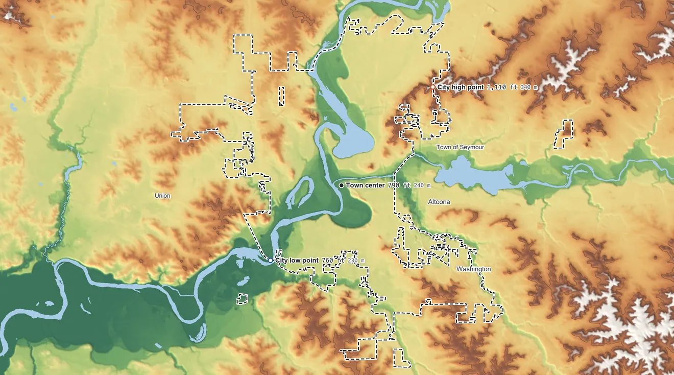 Topographic elevation map of Eau Claire, Wisconsin, shaded from 760 ft on the southwest side to 1,110 ft on the northeast side