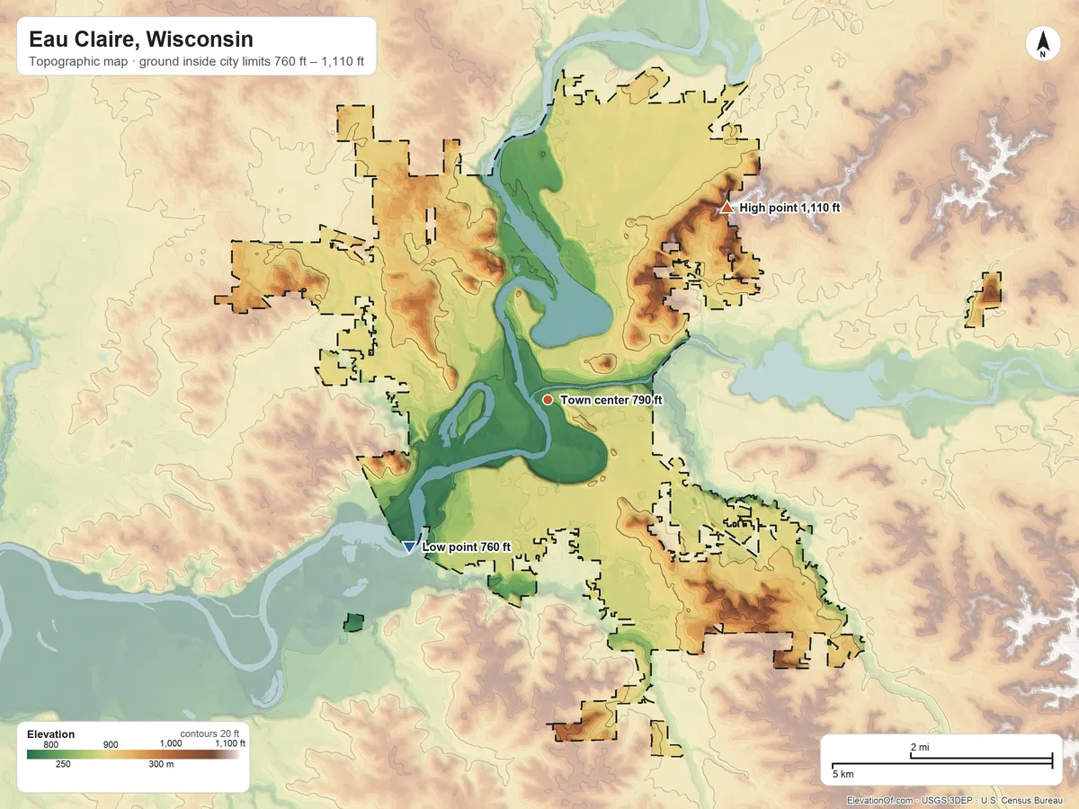 Topographic elevation map of Eau Claire, Wisconsin, shaded from 760 ft on the southwest side to 1,110 ft on the northeast side