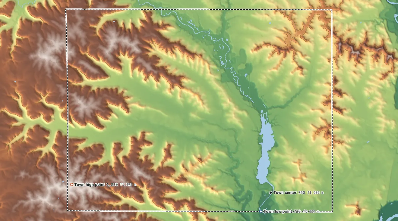 Topographic elevation map of Eau Galle, Dunn County, Wisconsin, shaded from 720 ft near the middle to 1,230 ft on the west side