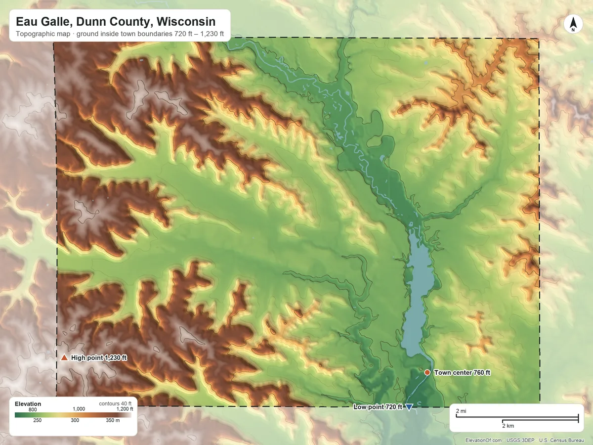 Topographic elevation map of Eau Galle, Dunn County, Wisconsin, shaded from 720 ft near the middle to 1,230 ft on the west side