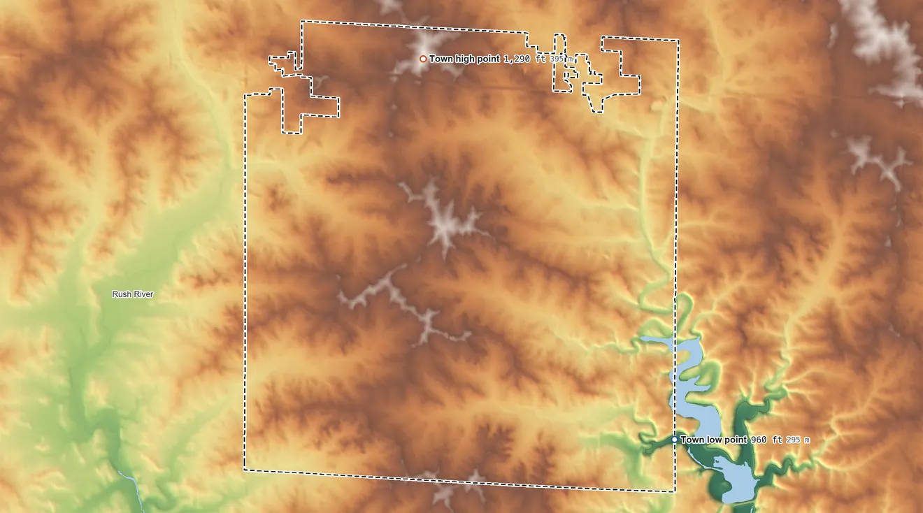 Topographic elevation map of Eau Galle, Wisconsin, shaded from 960 ft on the southeast side to 1,290 ft on the north side