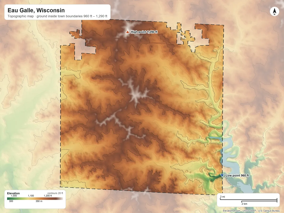 Topographic elevation map of Eau Galle, Wisconsin, shaded from 960 ft on the southeast side to 1,290 ft on the north side