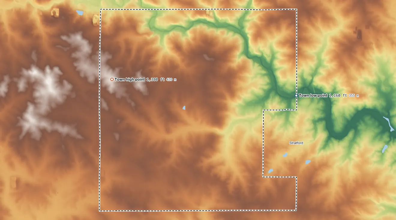 Topographic elevation map of Eau Pleine, Marathon County, Wisconsin, shaded from 1,160 ft on the east side to 1,380 ft on the west side