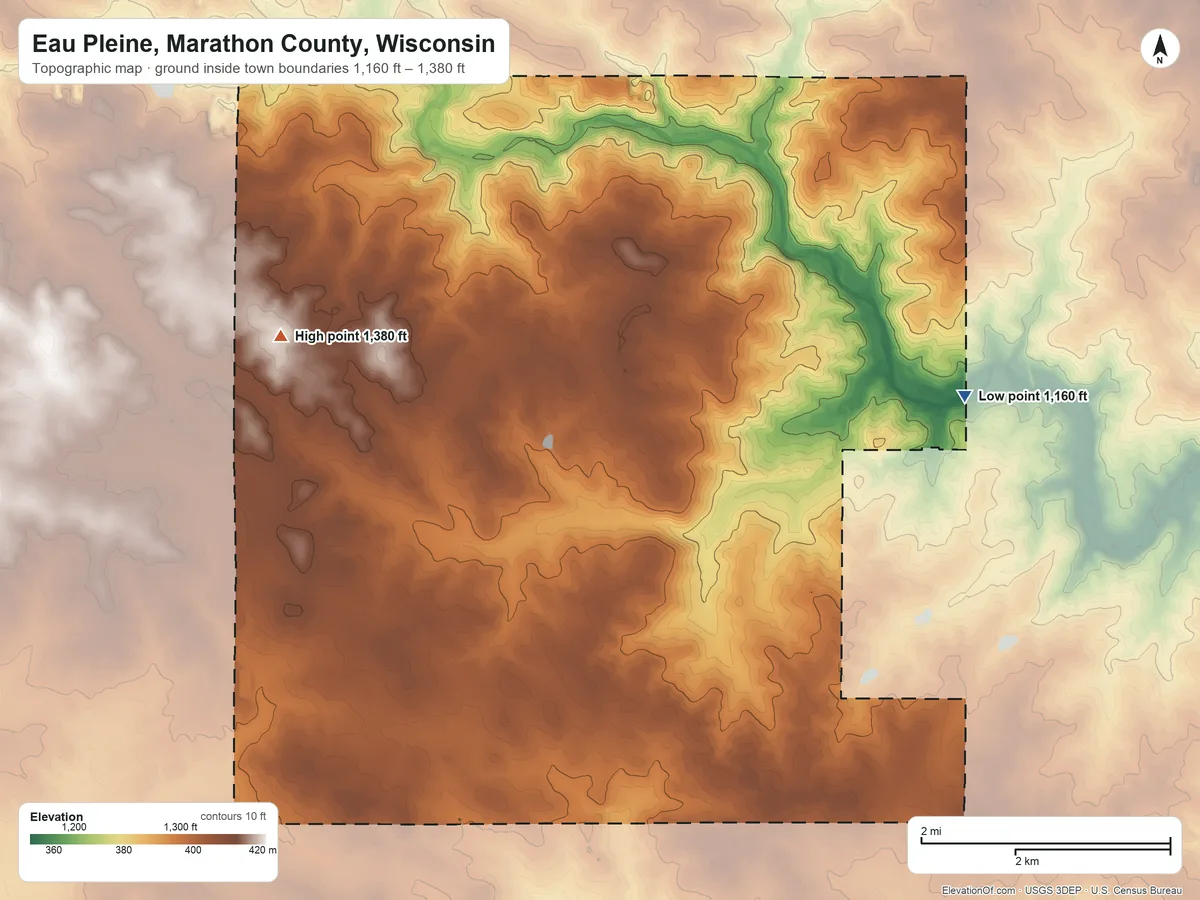 Topographic elevation map of Eau Pleine, Marathon County, Wisconsin, shaded from 1,160 ft on the east side to 1,380 ft on the west side