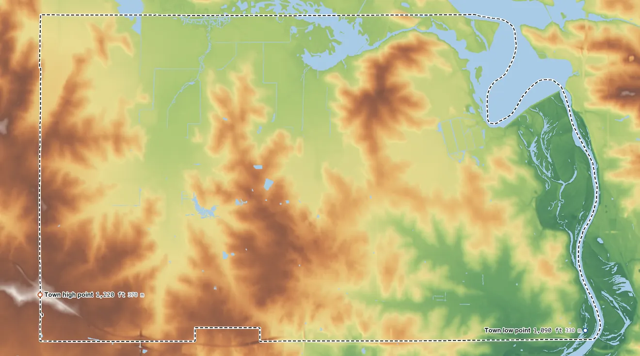 Topographic elevation map of Eau Pleine, Wisconsin, shaded from 1,090 ft on the southeast side to 1,220 ft on the west side