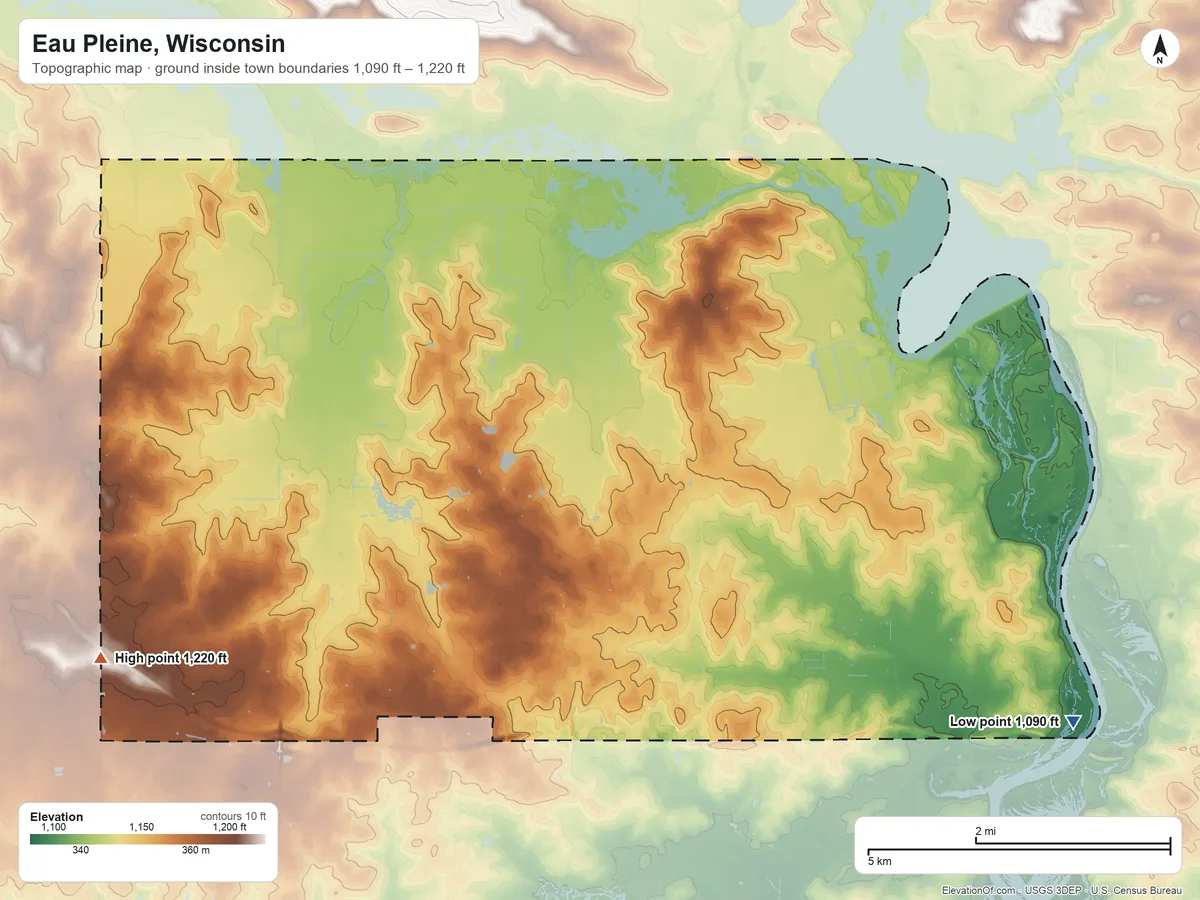 Topographic elevation map of Eau Pleine, Wisconsin, shaded from 1,090 ft on the southeast side to 1,220 ft on the west side