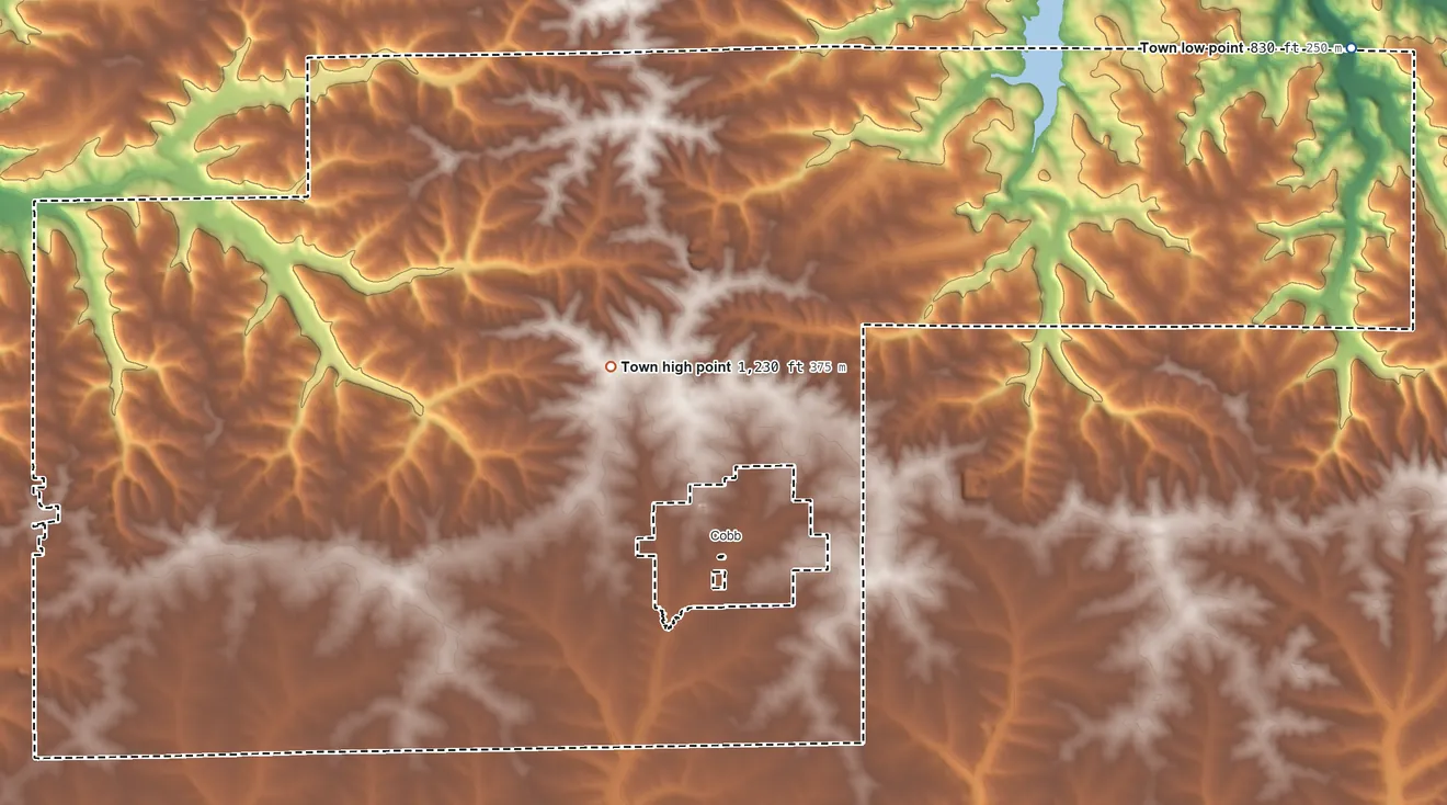 Topographic elevation map of Eden, Iowa County, Wisconsin, shaded from 830 ft on the northeast side to 1,230 ft near the middle