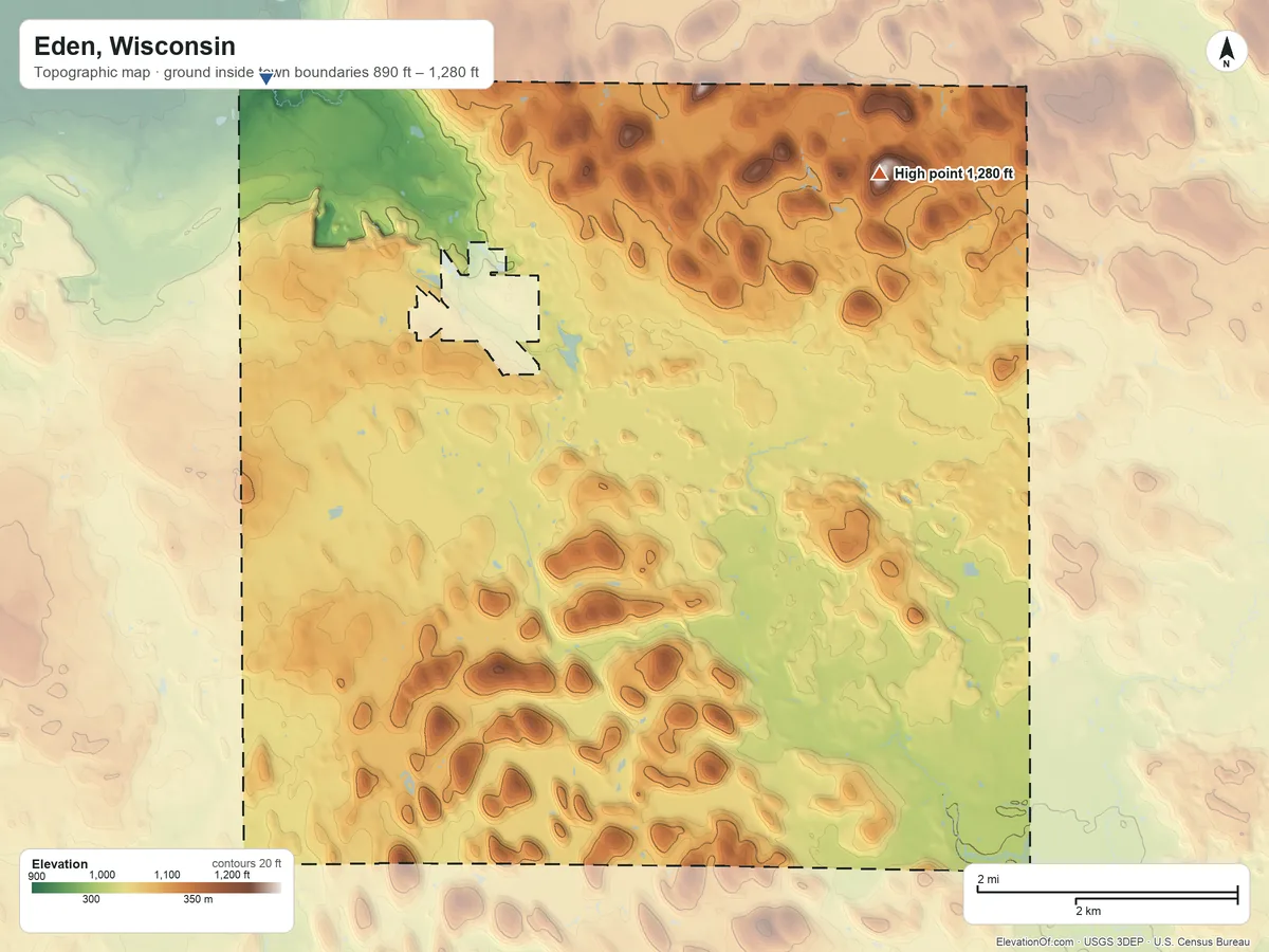 Topographic elevation map of Eden, Wisconsin, shaded from 890 ft on the northwest side to 1,280 ft on the northeast side