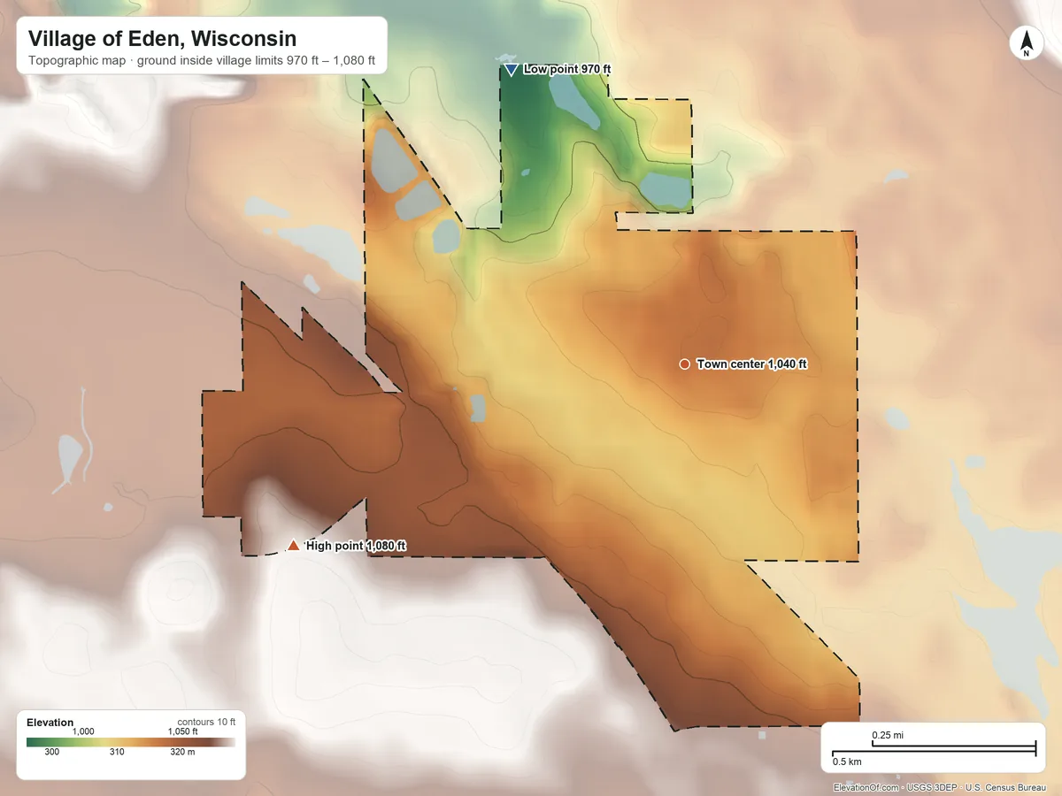 Topographic elevation map of Village of Eden, Wisconsin, shaded from 970 ft on the northwest side to 1,080 ft on the southwest side