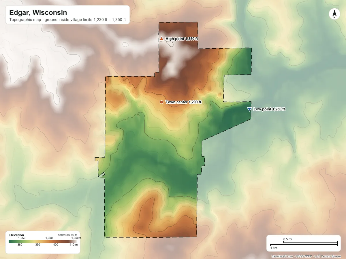 Topographic elevation map of Edgar, Wisconsin, shaded from 1,230 ft on the east side to 1,350 ft on the north side