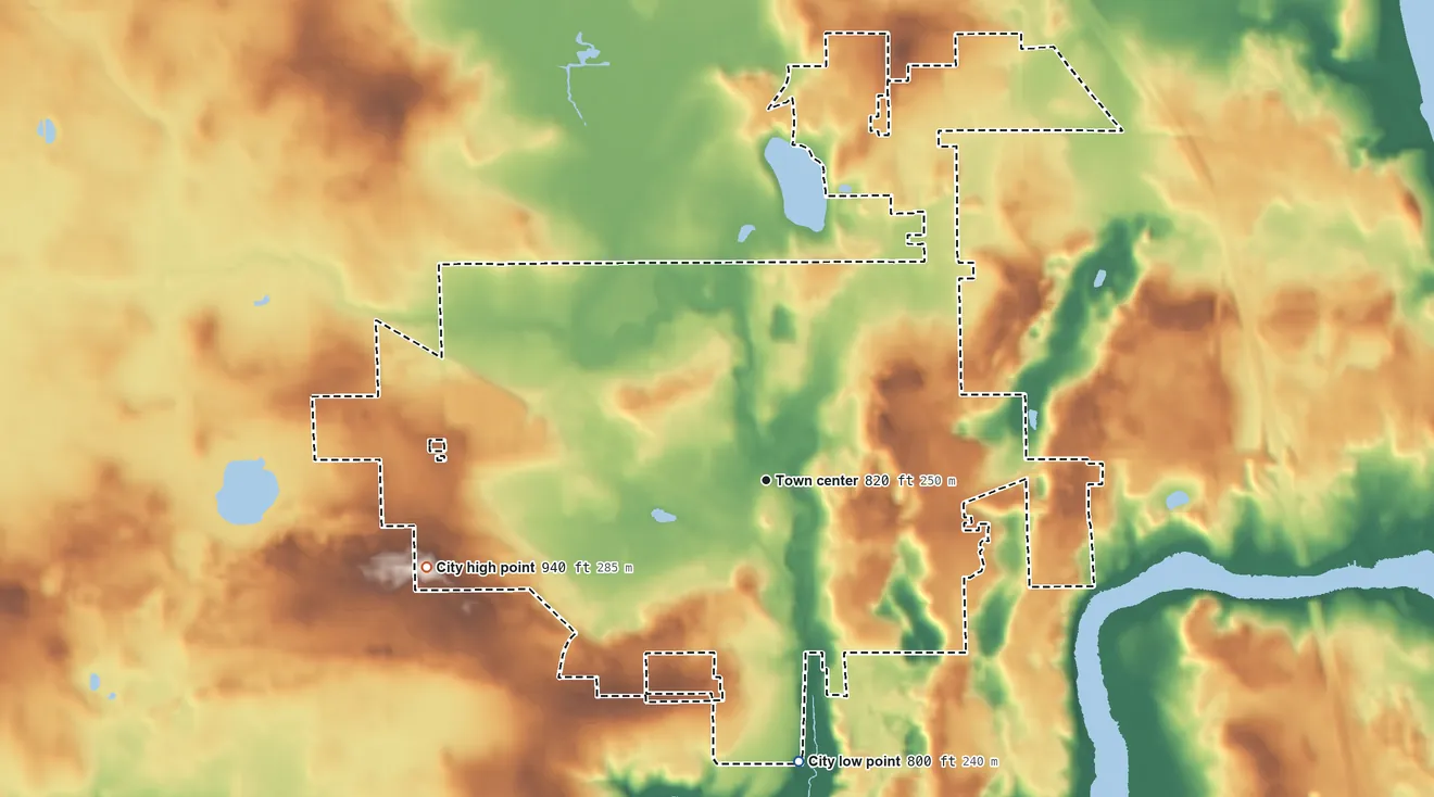 Topographic elevation map of Edgerton, Wisconsin, shaded from 800 ft on the south side to 940 ft on the west side