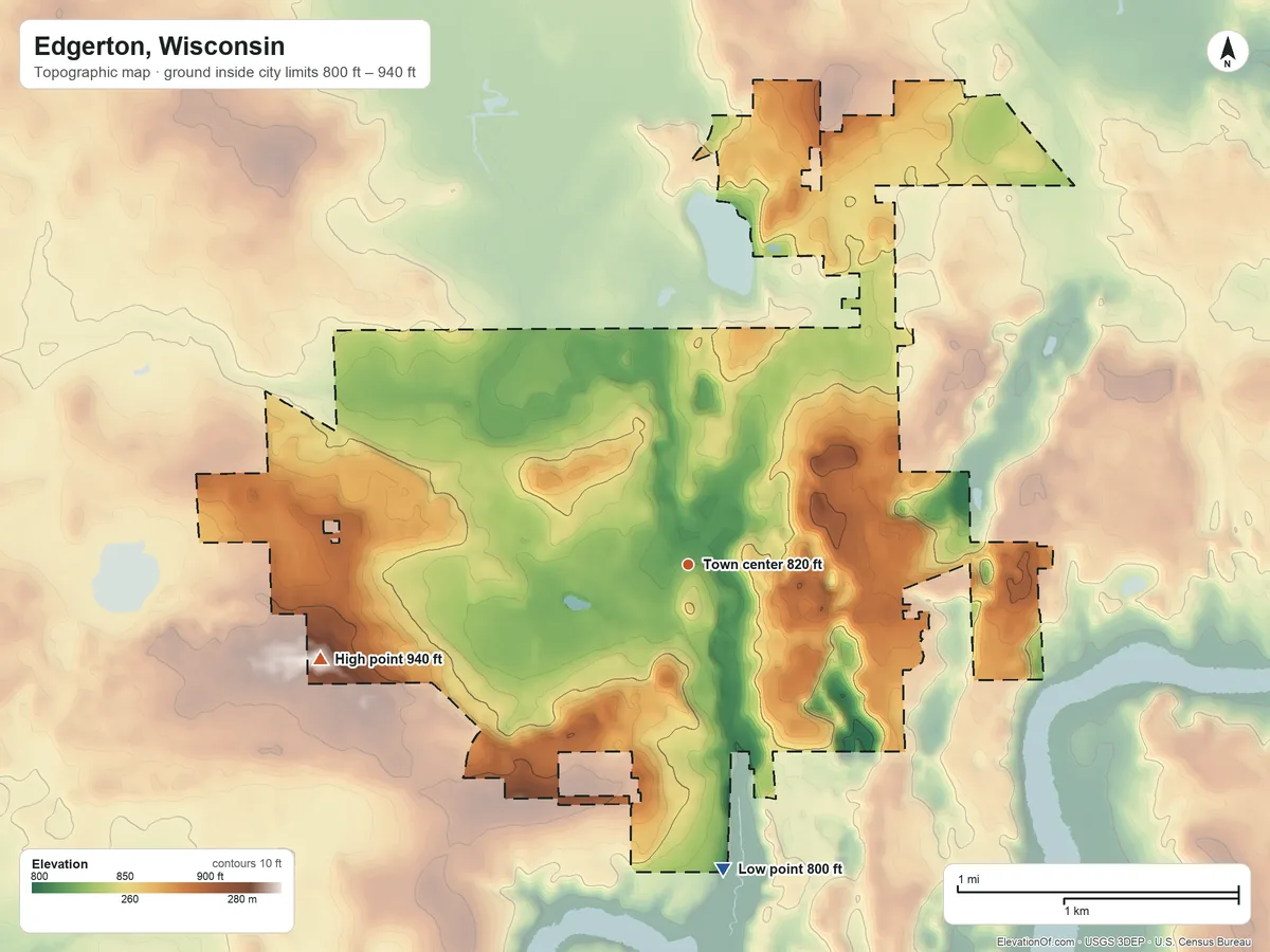 Topographic elevation map of Edgerton, Wisconsin, shaded from 800 ft on the south side to 940 ft on the west side