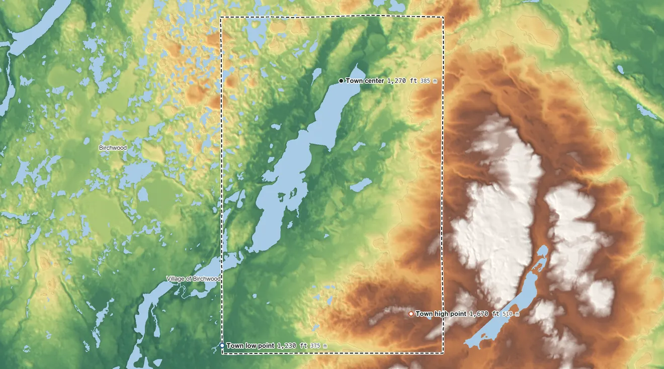 Topographic elevation map of Edgewater, Wisconsin, shaded from 1,230 ft on the southwest side to 1,670 ft on the south side