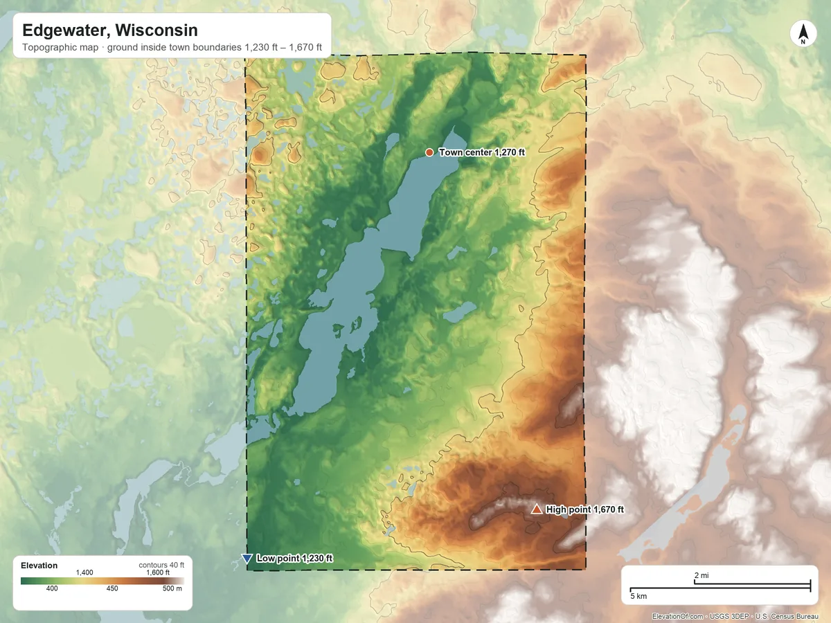Topographic elevation map of Edgewater, Wisconsin, shaded from 1,230 ft on the southwest side to 1,670 ft on the south side