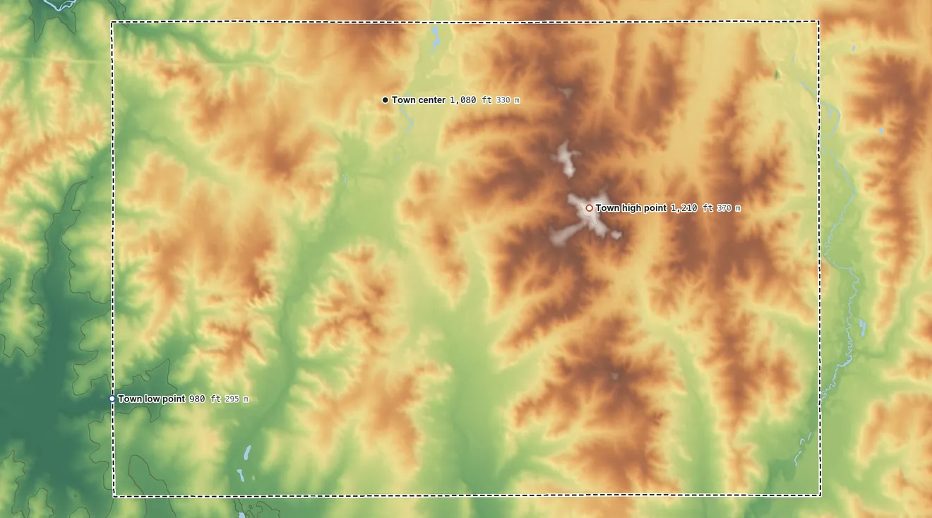 Topographic elevation map of Edson, Wisconsin, shaded from 980 ft on the southwest side to 1,210 ft on the southeast side