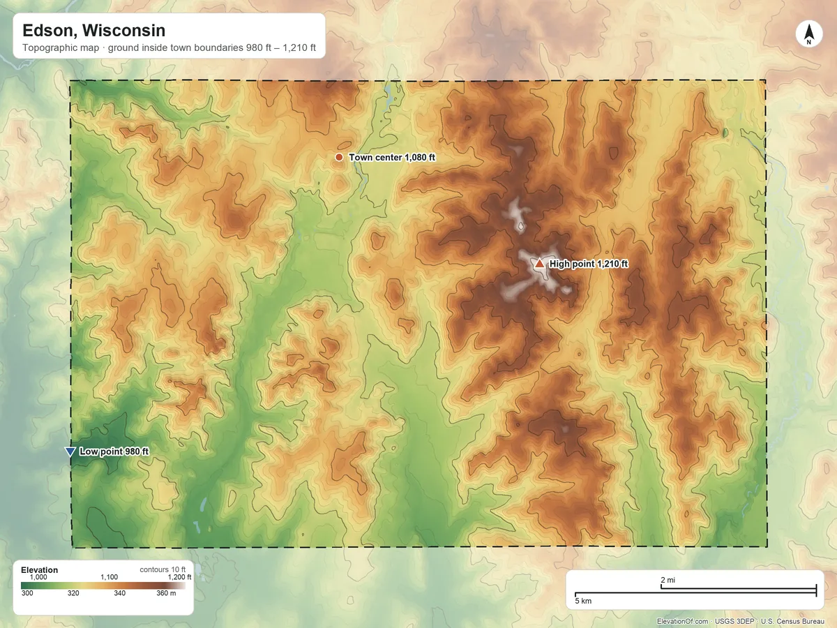 Topographic elevation map of Edson, Wisconsin, shaded from 980 ft on the southwest side to 1,210 ft on the southeast side