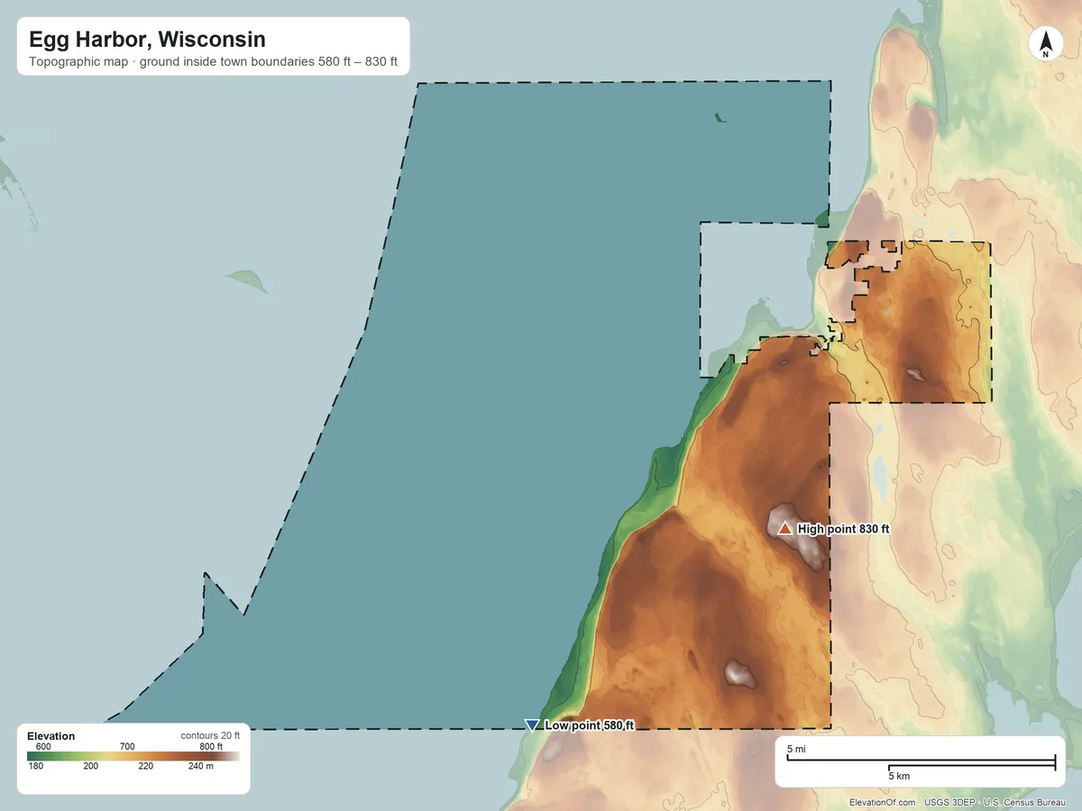 Topographic elevation map of Egg Harbor, Wisconsin, shaded from 580 ft on the southwest side to 830 ft near the middle