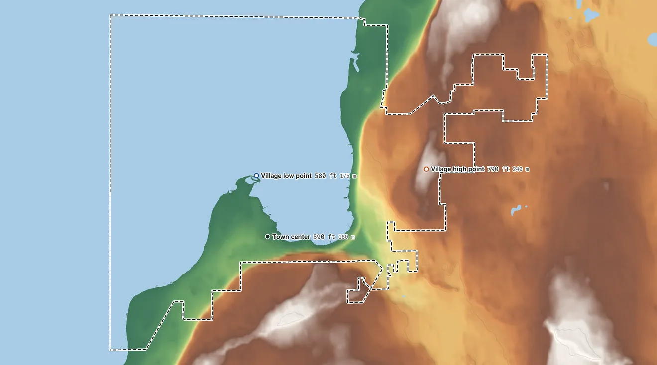 Topographic elevation map of Village of Egg Harbor, Wisconsin, shaded from 580 ft on the north side to 790 ft on the northeast side