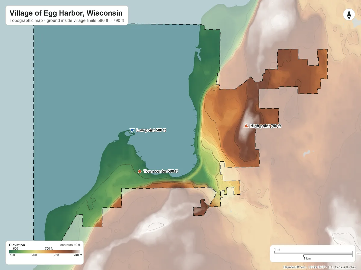Topographic elevation map of Village of Egg Harbor, Wisconsin, shaded from 580 ft on the north side to 790 ft on the northeast side
