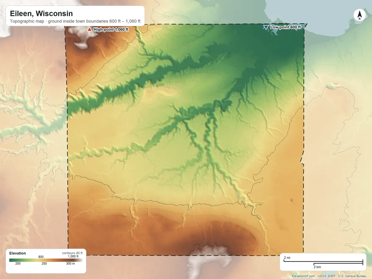 Topographic elevation map of Eileen, Wisconsin, shaded from 600 ft on the northeast side to 1,060 ft on the northwest side