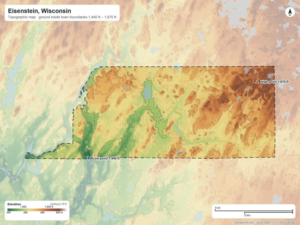 Topographic elevation map of Eisenstein, Wisconsin, shaded from 1,440 ft on the southwest side to 1,670 ft on the east side