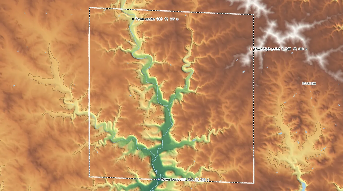 Topographic elevation map of El Paso, Wisconsin, shaded from 750 ft on the south side to 1,240 ft on the east side