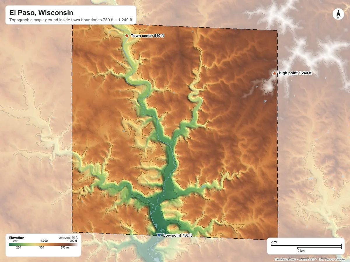 Topographic elevation map of El Paso, Wisconsin, shaded from 750 ft on the south side to 1,240 ft on the east side