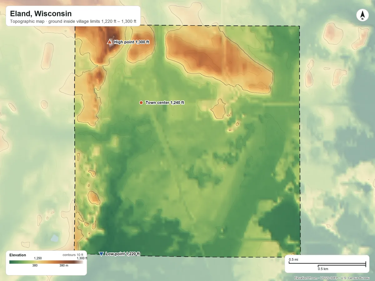 Topographic elevation map of Eland, Wisconsin, shaded from 1,220 ft on the south side to 1,300 ft on the northwest side
