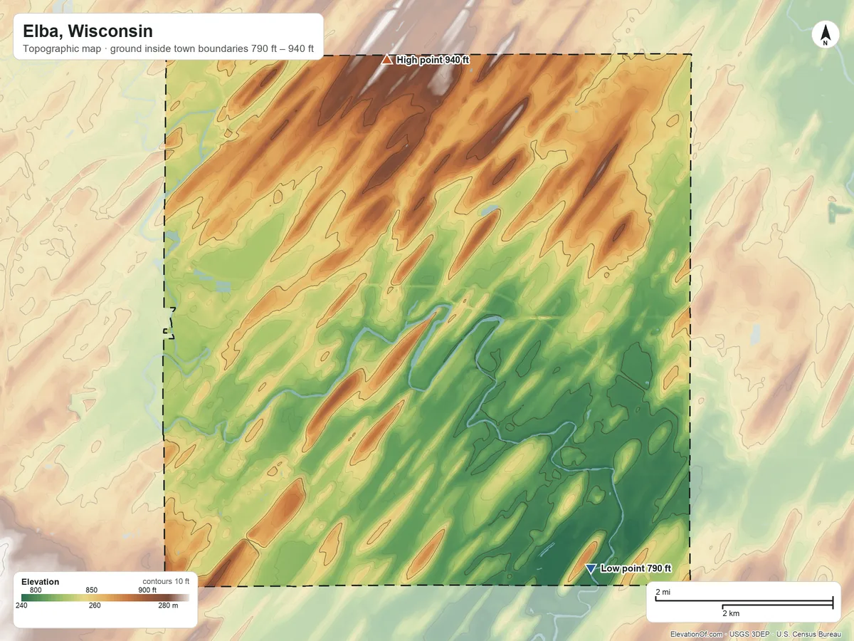 Topographic elevation map of Elba, Wisconsin, shaded from 790 ft on the southeast side to 940 ft on the north side