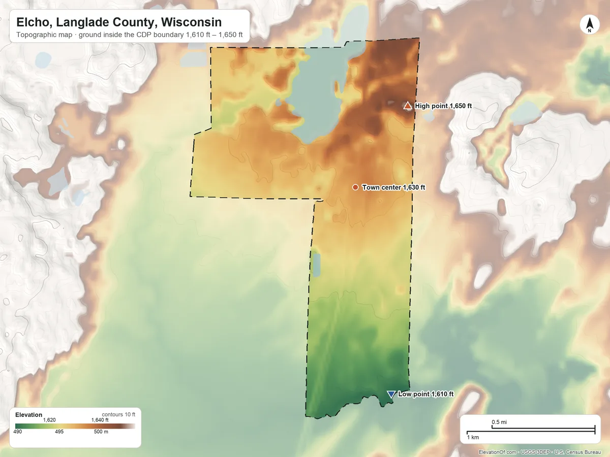 Topographic elevation map of Elcho, Langlade County, Wisconsin, shaded from 1,610 ft on the south side to 1,650 ft on the northeast side