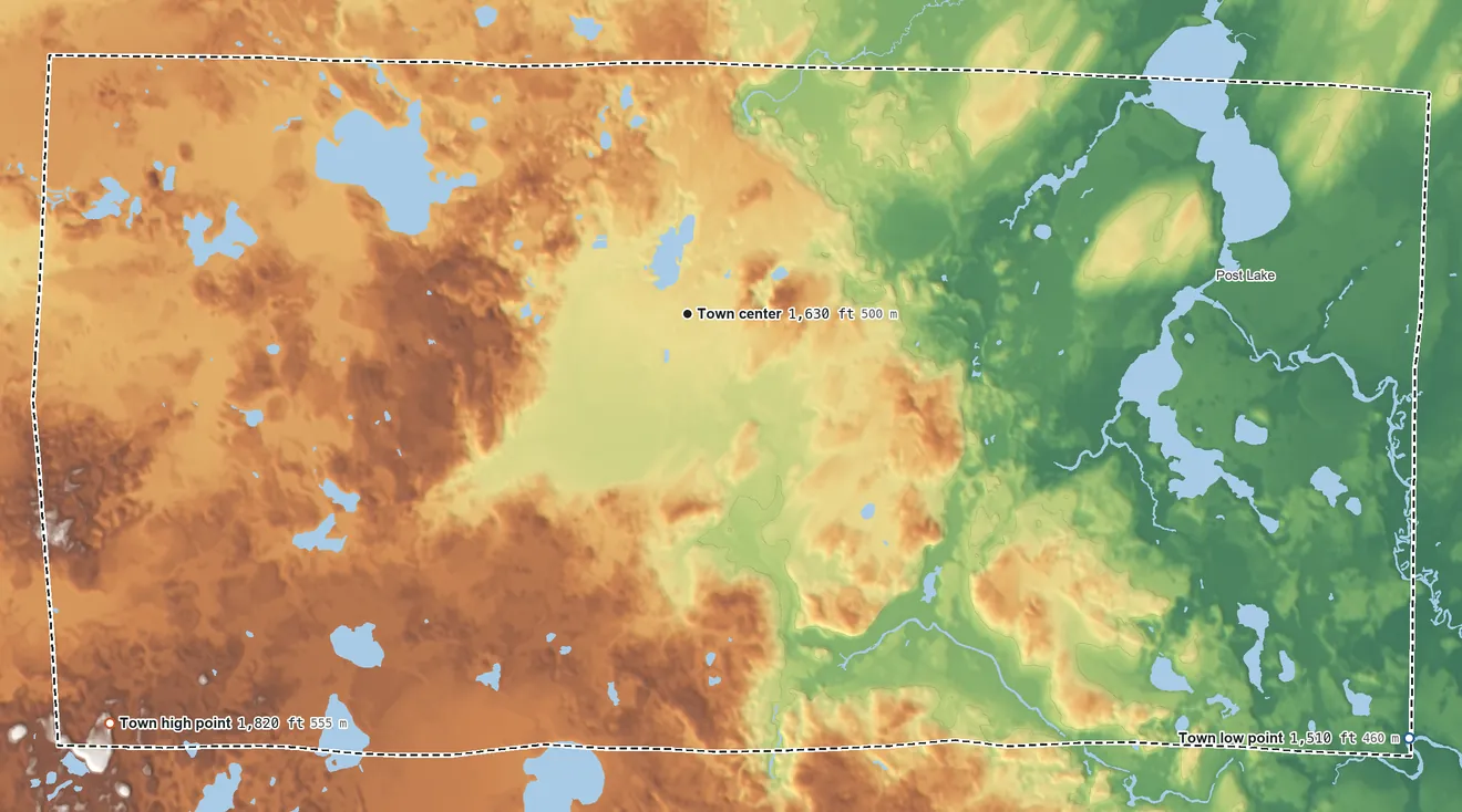 Topographic elevation map of Elcho, Wisconsin, shaded from 1,510 ft on the southeast side to 1,820 ft on the southwest side