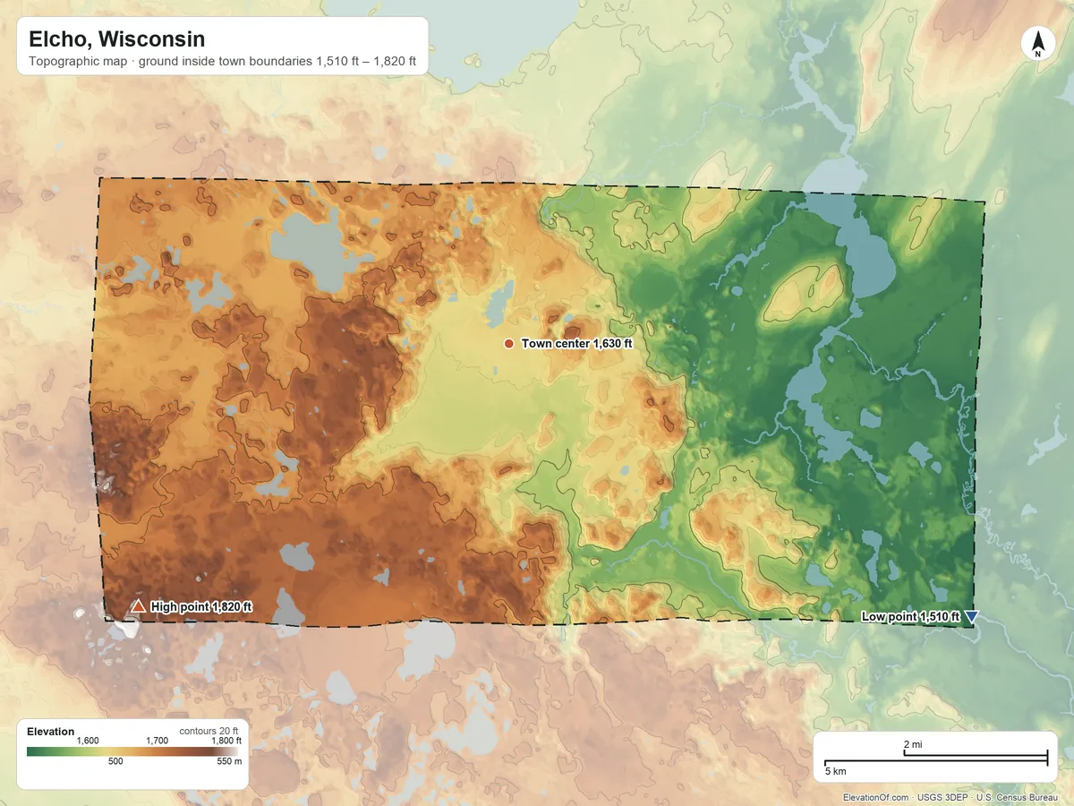 Topographic elevation map of Elcho, Wisconsin, shaded from 1,510 ft on the southeast side to 1,820 ft on the southwest side