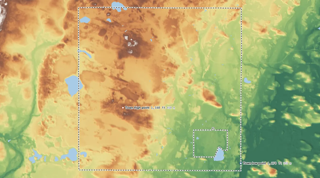 Topographic elevation map of Elderon, Wisconsin, shaded from 1,170 ft on the southeast side to 1,340 ft on the southwest side