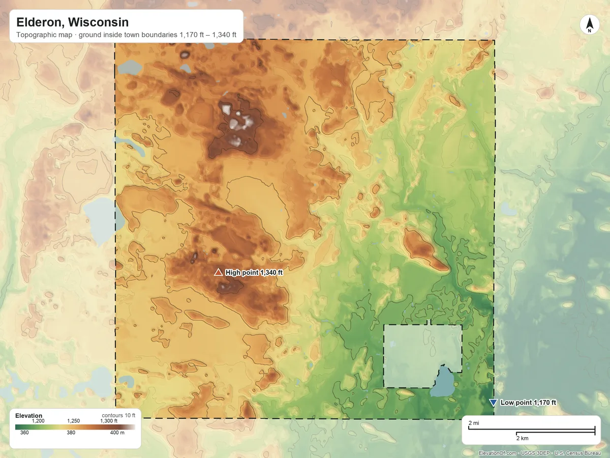 Topographic elevation map of Elderon, Wisconsin, shaded from 1,170 ft on the southeast side to 1,340 ft on the southwest side