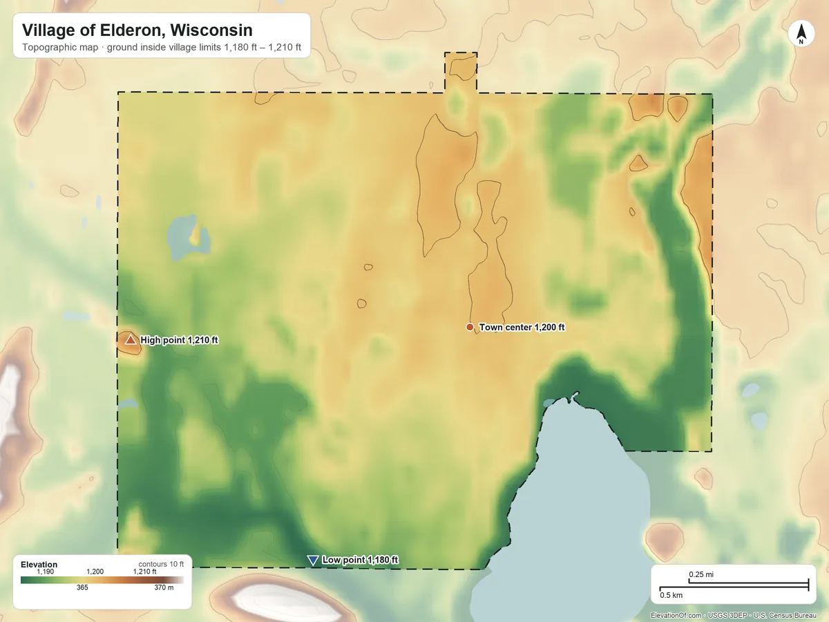 Topographic elevation map of Village of Elderon, Wisconsin, shaded from 1,180 ft on the southwest side to 1,210 ft on the west side