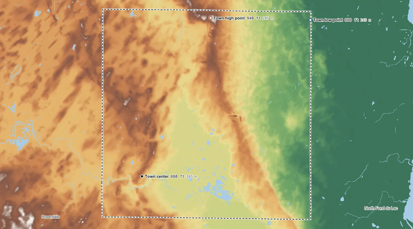 Topographic elevation map of Eldorado, Wisconsin, shaded from 800 ft on the northeast side to 940 ft on the northeast side