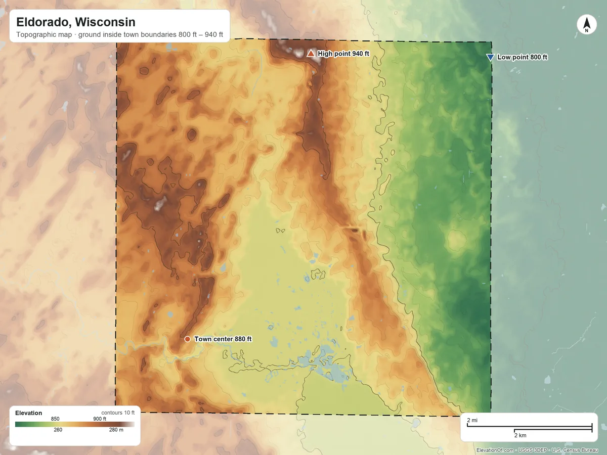 Topographic elevation map of Eldorado, Wisconsin, shaded from 800 ft on the northeast side to 940 ft on the northeast side