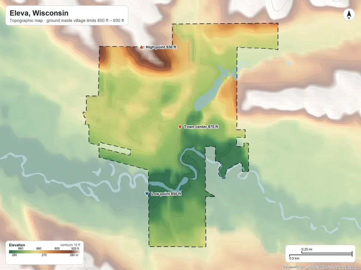 Topographic elevation map of Eleva, Wisconsin, shaded from 850 ft on the southwest side to 930 ft on the northwest side