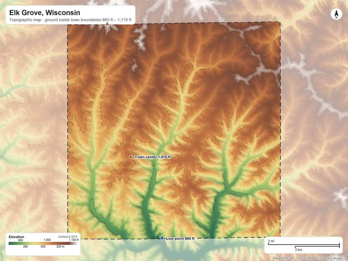 Topographic elevation map of Elk Grove, Wisconsin, shaded from 860 ft on the south side to 1,110 ft on the north side