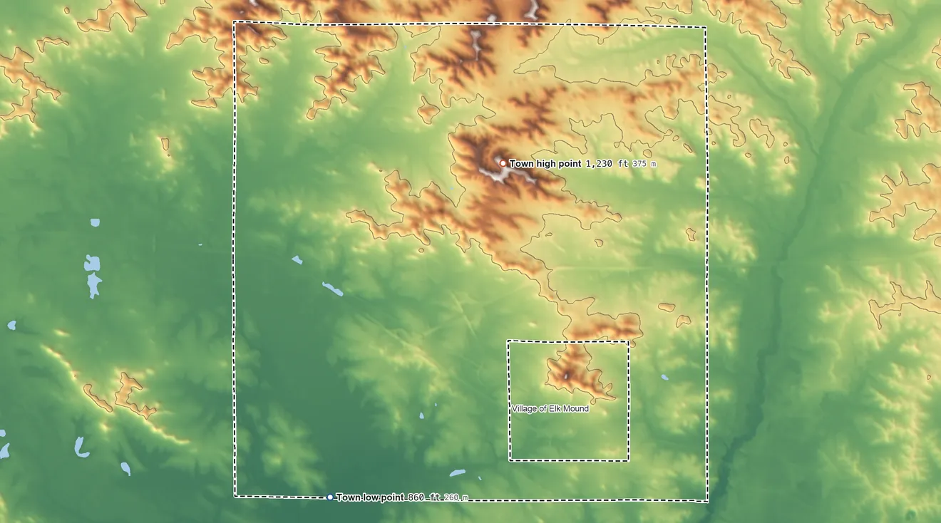 Topographic elevation map of Elk Mound, Wisconsin, shaded from 860 ft on the southwest side to 1,230 ft on the north side