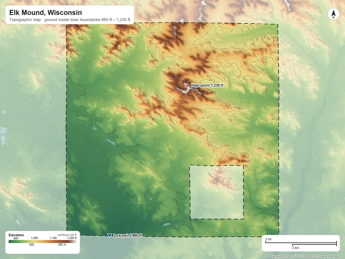 Topographic elevation map of Elk Mound, Wisconsin, shaded from 860 ft on the southwest side to 1,230 ft on the north side