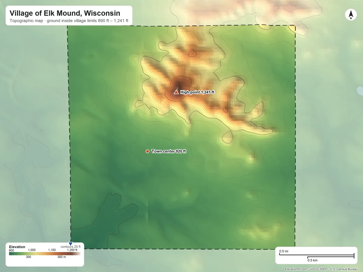 Topographic elevation map of Village of Elk Mound, Wisconsin, shaded from 890 ft on the southwest side to 1,241 ft on Elk Mound