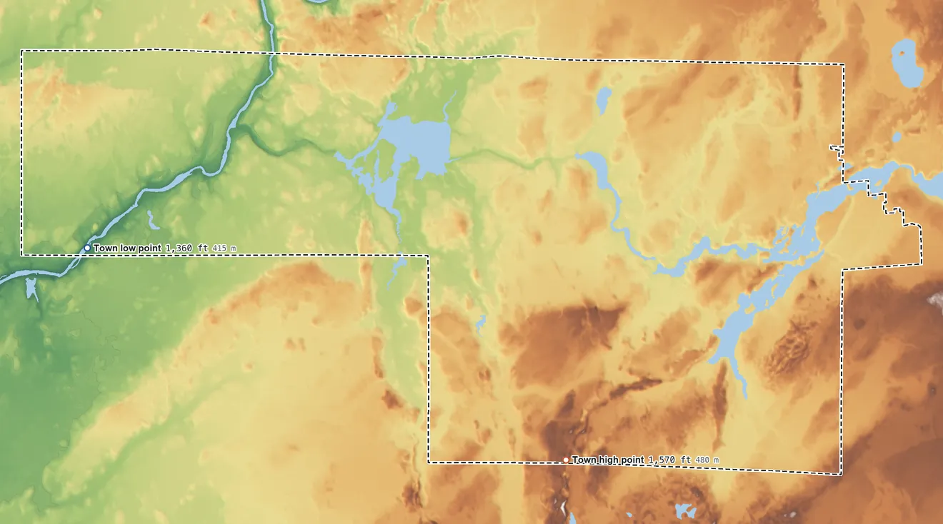 Topographic elevation map of Elk, Wisconsin, shaded from 1,360 ft on the west side to 1,570 ft on the south side