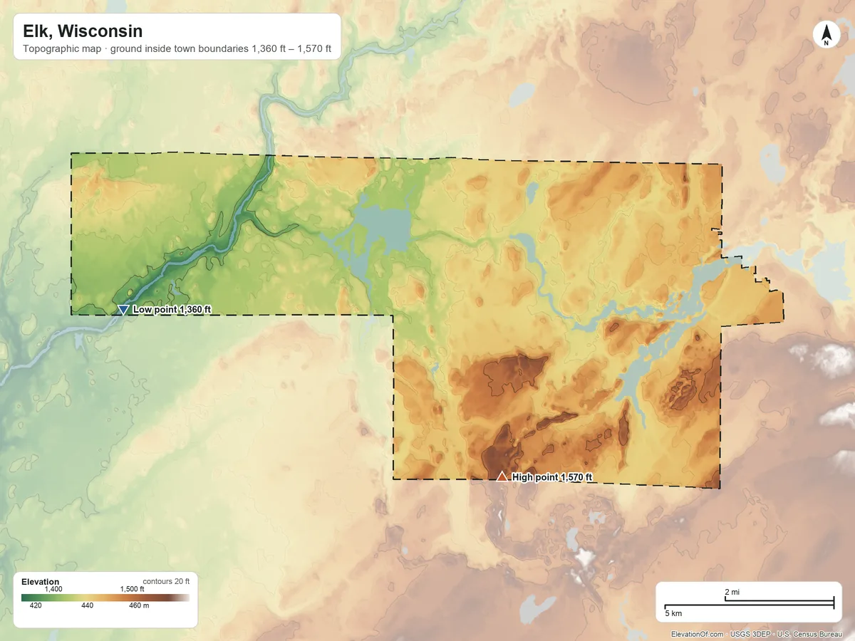 Topographic elevation map of Elk, Wisconsin, shaded from 1,360 ft on the west side to 1,570 ft on the south side
